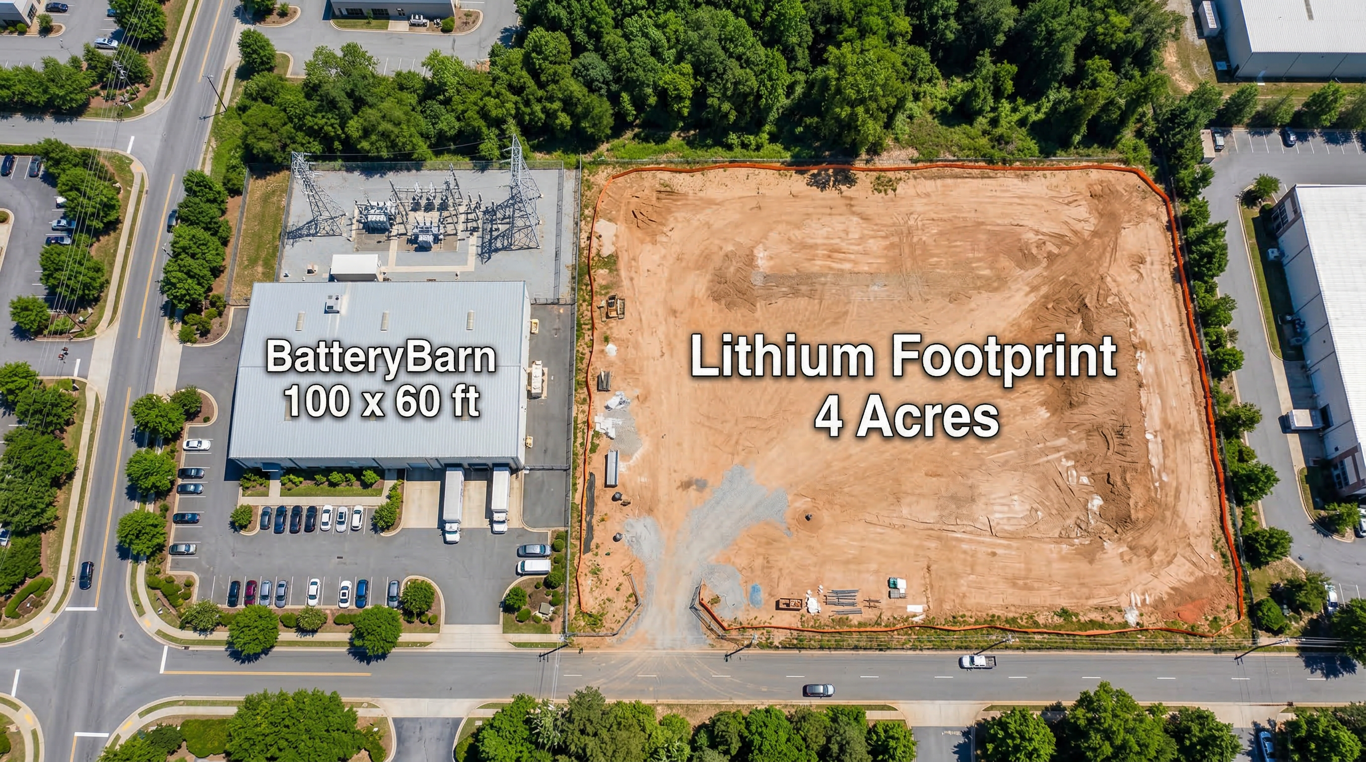 Aerial view comparing ABC BatteryBarn 0.2 acre footprint versus lithium-ion 3 to 5 acre requirement