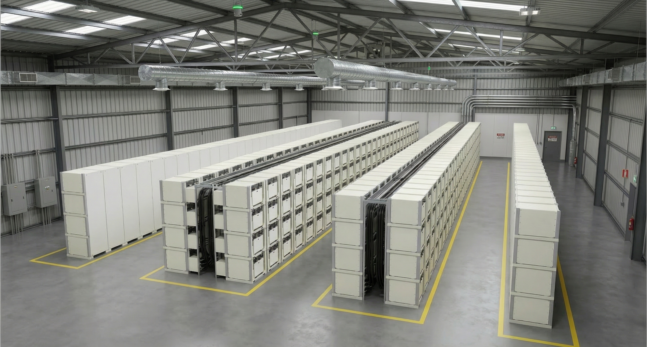 BatteryBarn™ interior showing white CEES™ cartridges stacked 4-high and bolted together, no racking, cable trays overhead, HV room