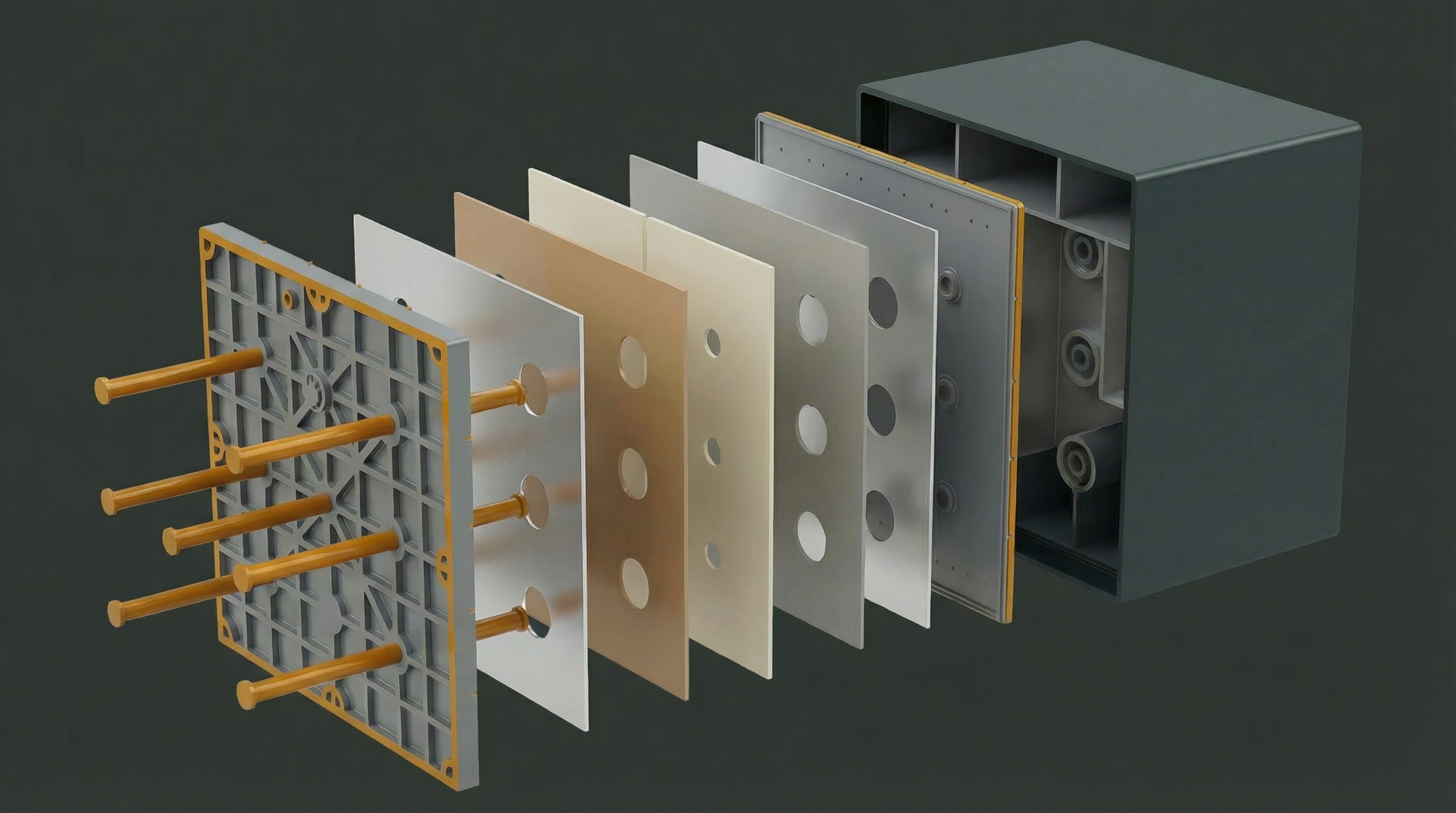 GreenSeal bipolar lead battery cell exploded view on dark slate background