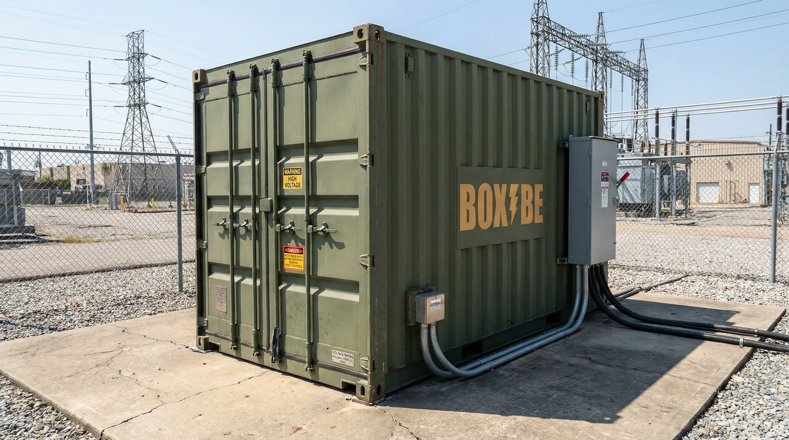 BoxBe 10-foot container deployed at industrial substation with voltage labels and safety placards