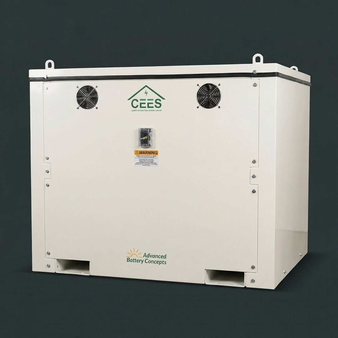 CEES 48 kWh cartridge squared front view with green CEES logo, cooling fans, and Advanced Battery Concepts branding