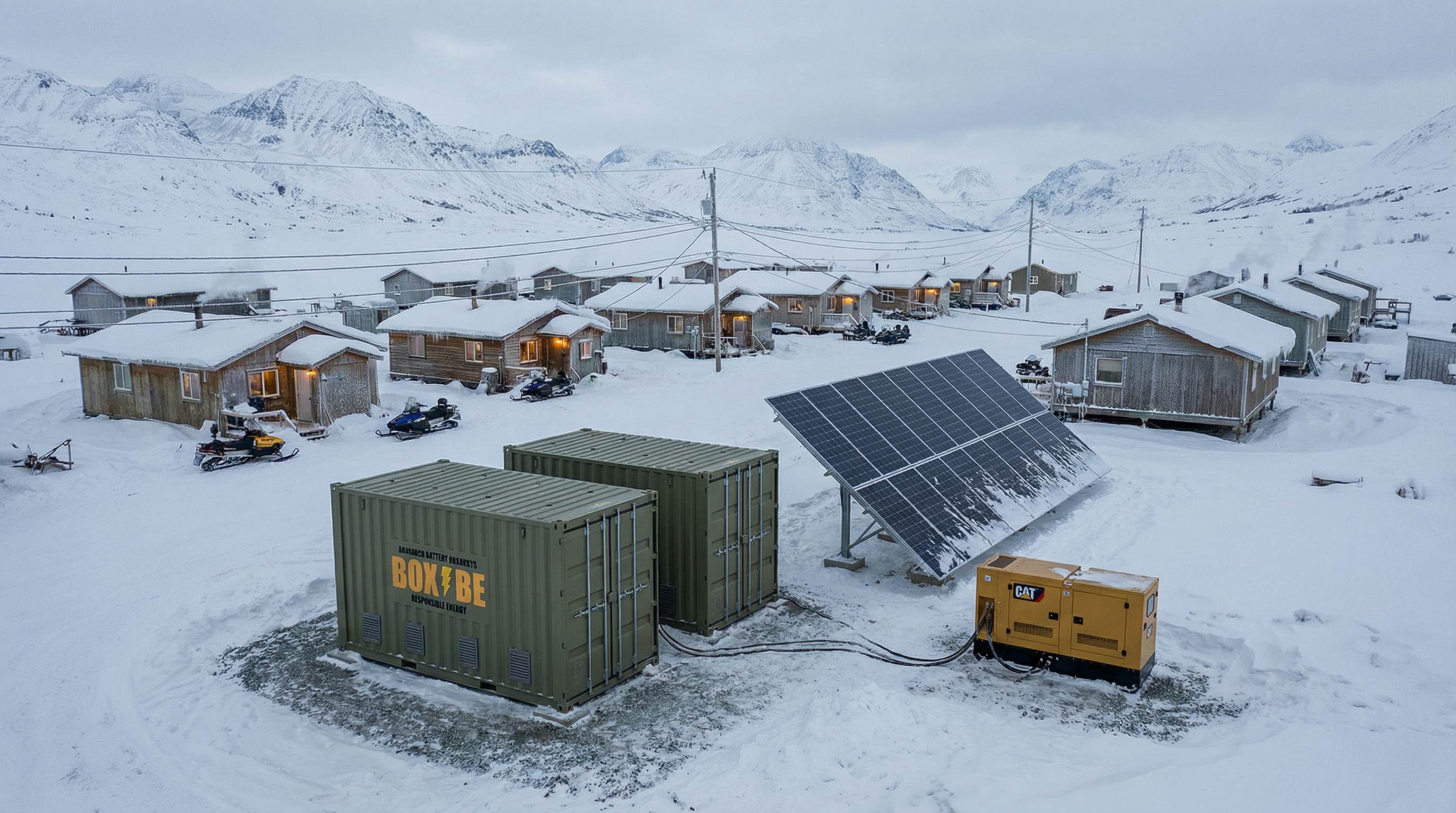 BoxBe containers powering an Alaskan indigenous community with high-tilt solar and diesel generator in deep winter