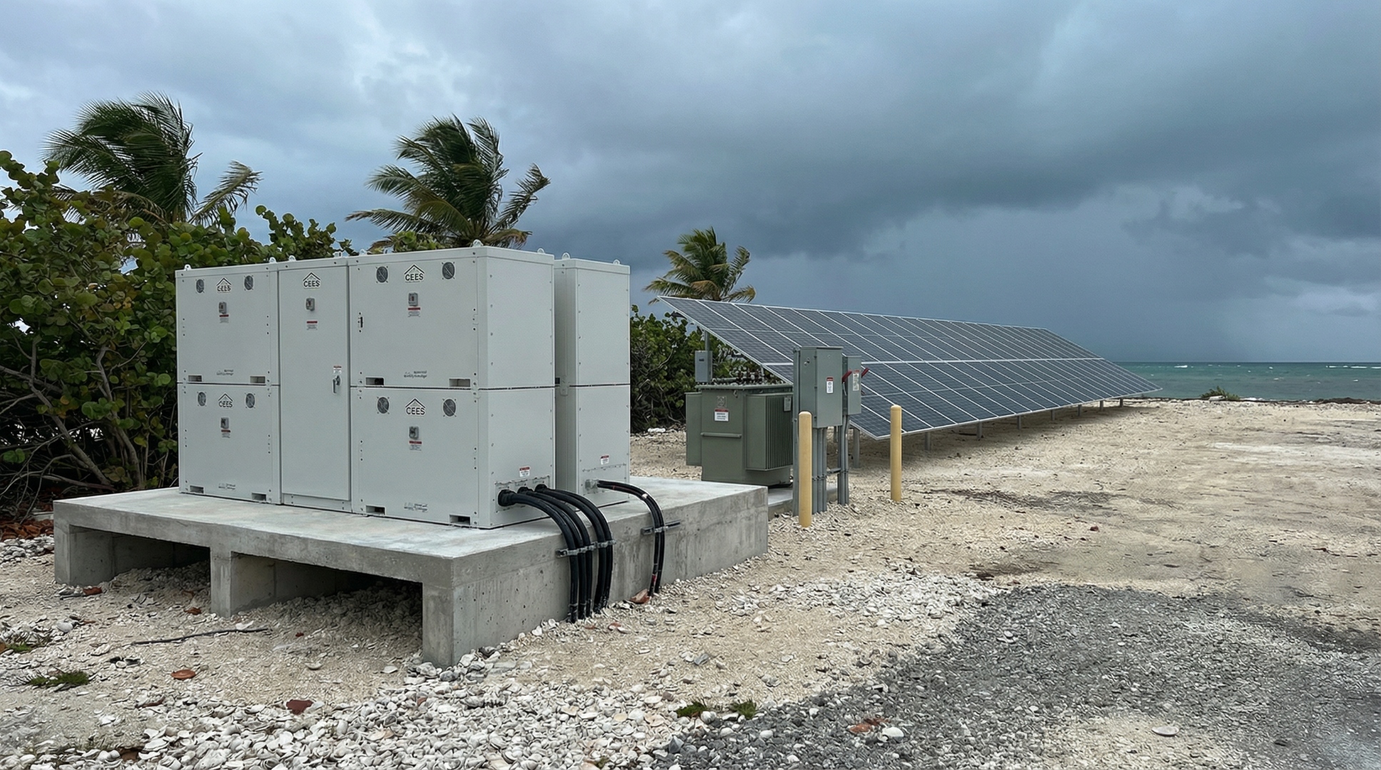 CEES™ units deployed on a coastal beach with solar panels and approaching storm
