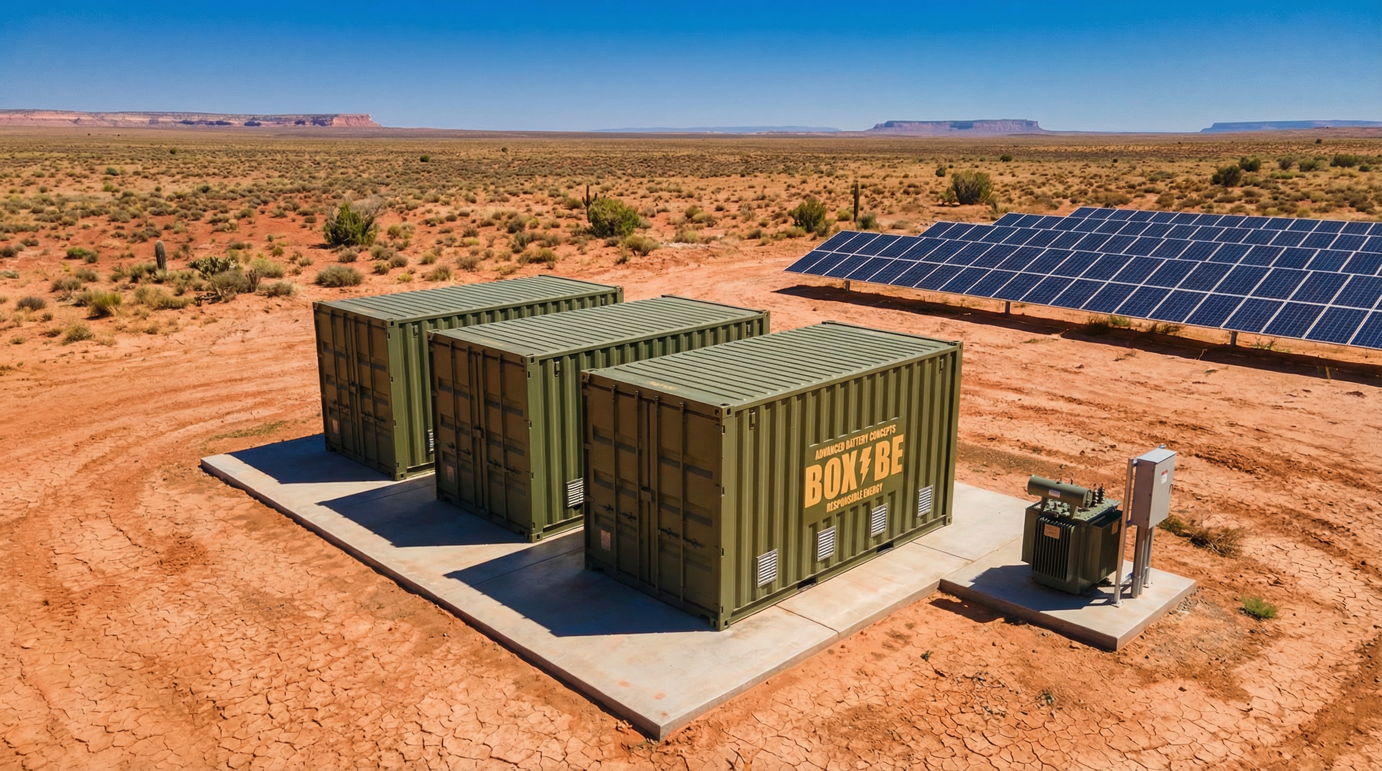 BoxBe containers with amber signage deployed in extreme desert heat with solar array and mesa formations