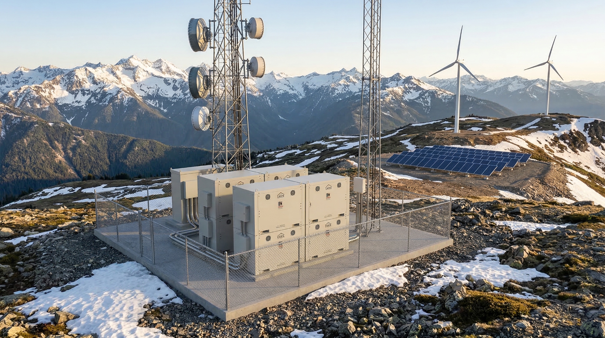 CEES™ units deployed at a mountain telecom site with wind turbines and solar