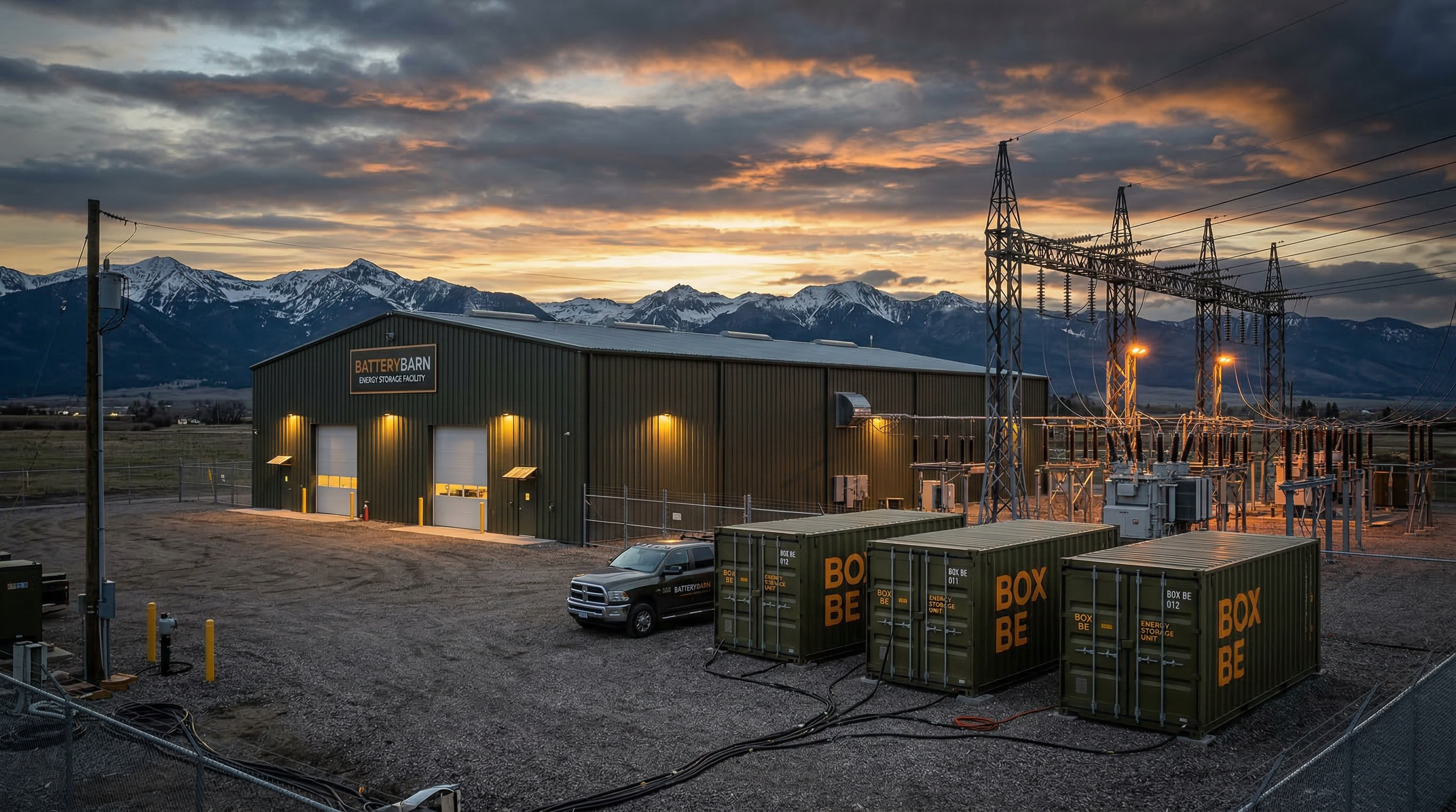 BatteryBarn facility with BoxBe containers and substation at dusk, snow-capped mountains in background