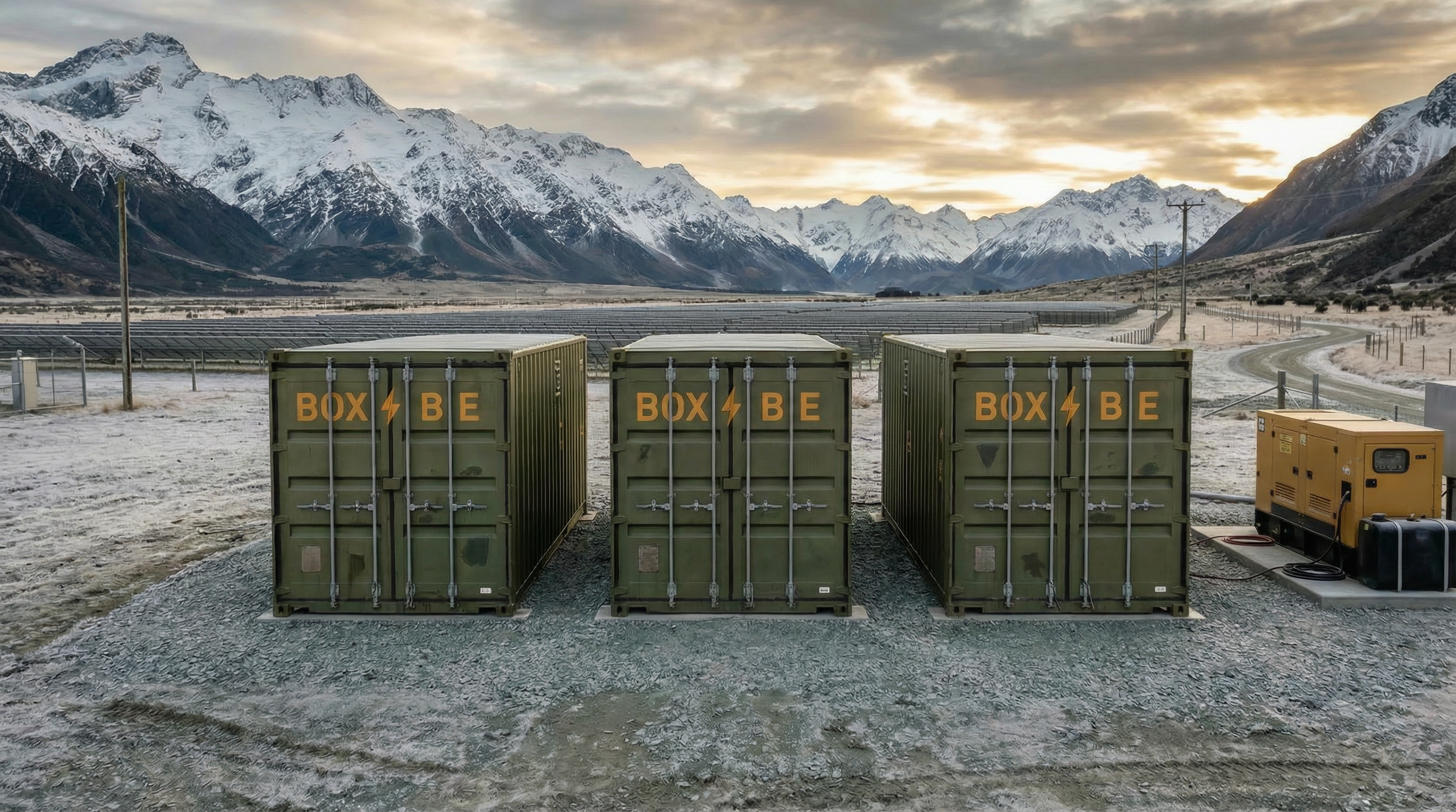 Three BoxBe 10-foot containers in cold mountain valley, all doors closed with amber BOXBE signage, solar field and diesel generator